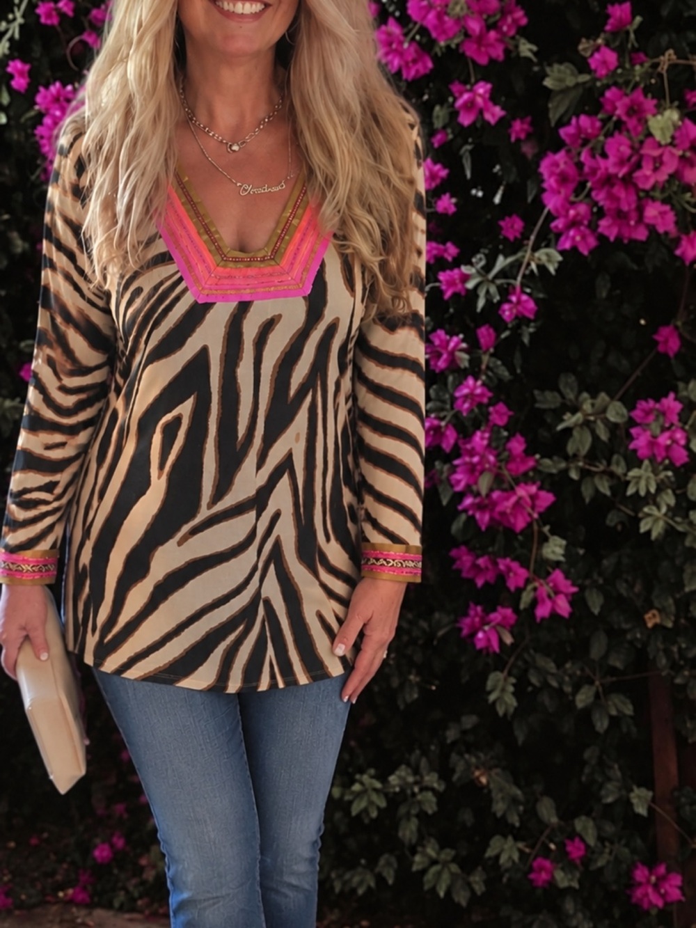 Boston Proper Animal Print Beaded Tunic Top Size Small
